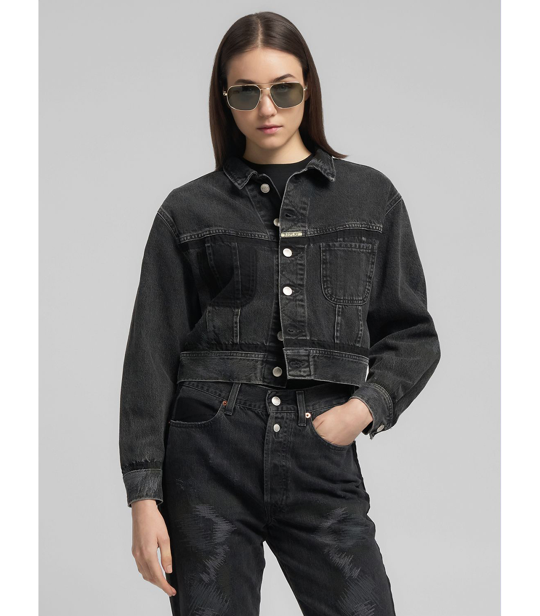 クロップド デニムジャケット（セットアップ） 詳細画像 ブラック 2